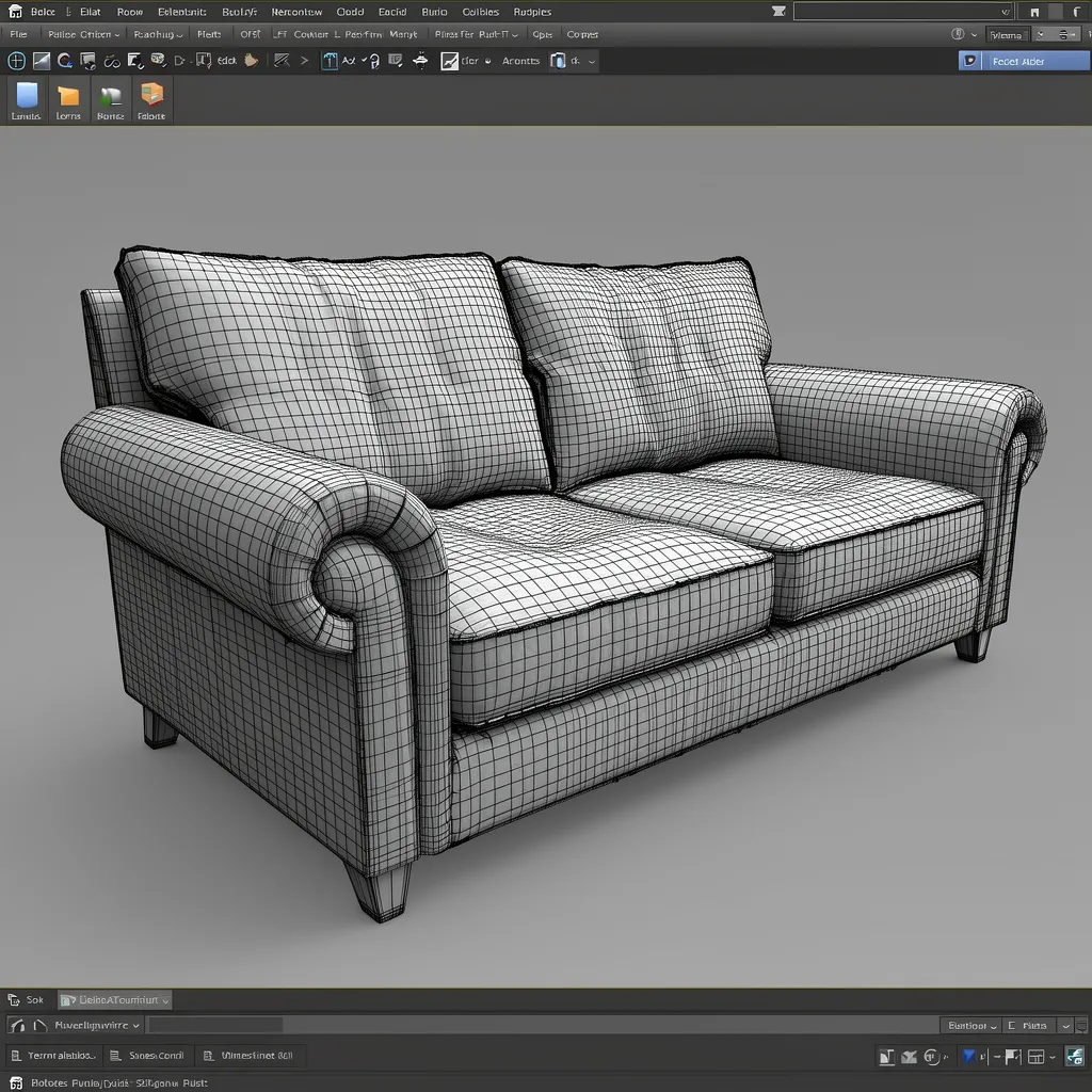 wireframe view of a sofa 3D model highlighting messy cushion topology
