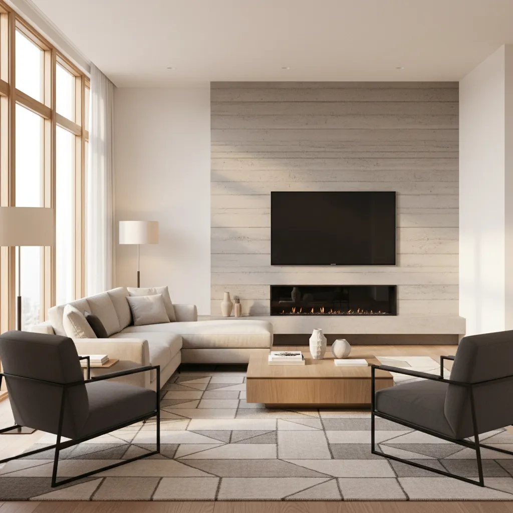 living room with sofa as anchor furniture and symmetrical seating arrangement
