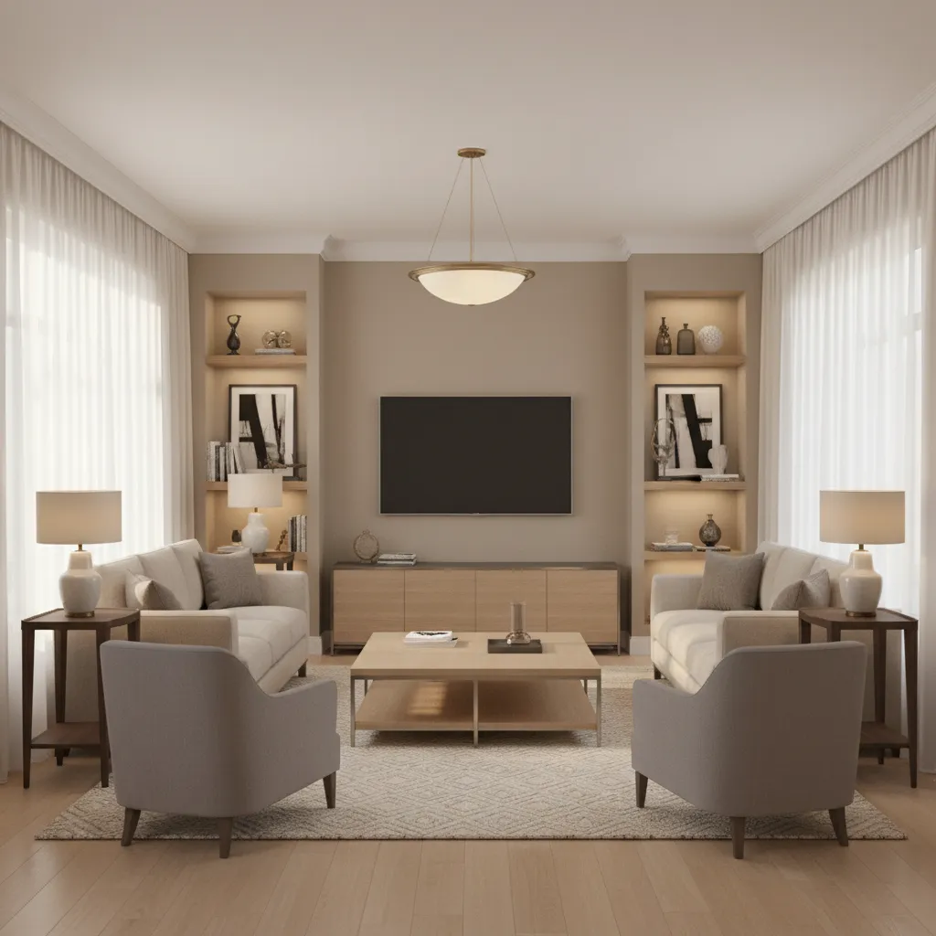 Three seat sofa with two armchairs balanced layout in square living room