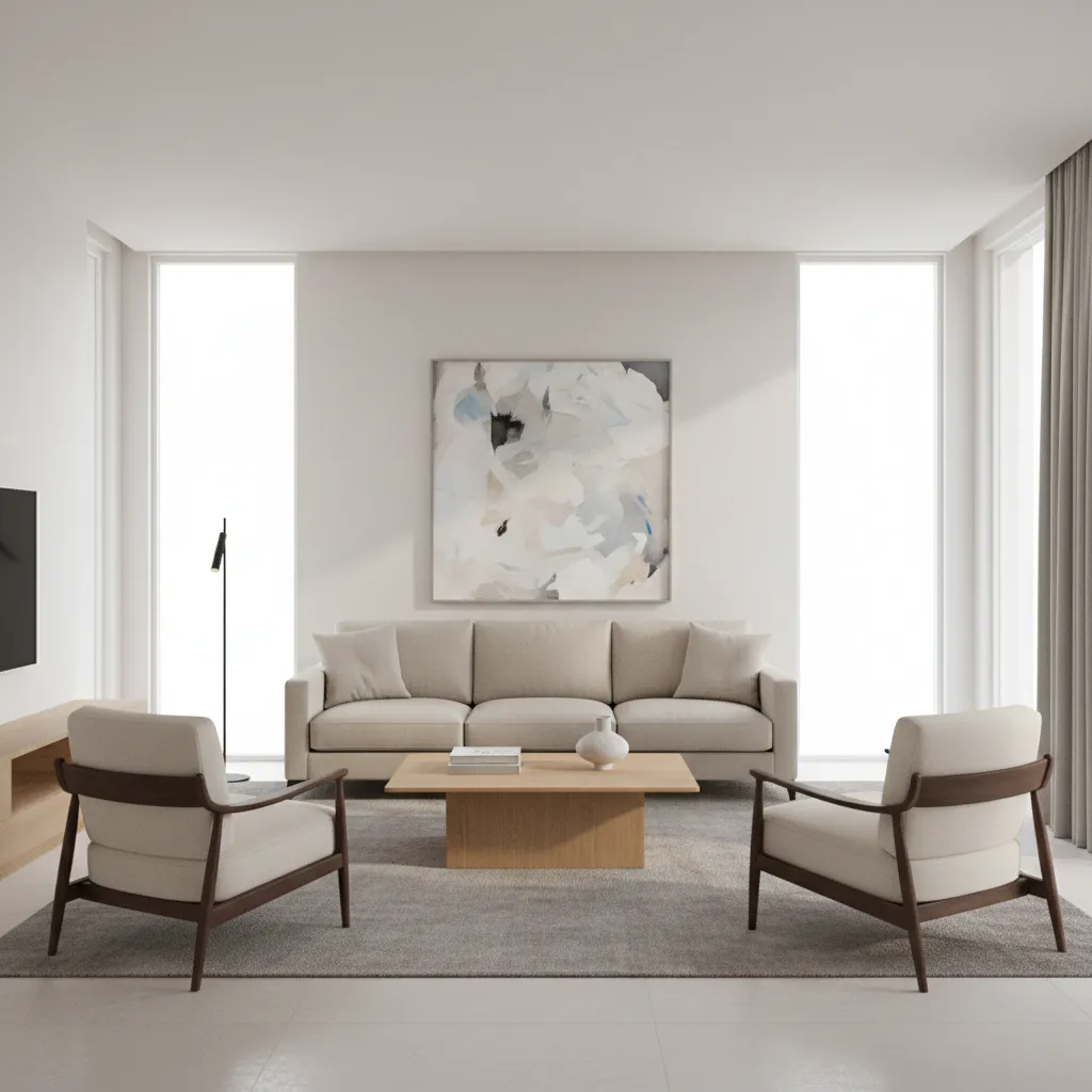 sofa and two accent chairs layout in rectangular living room