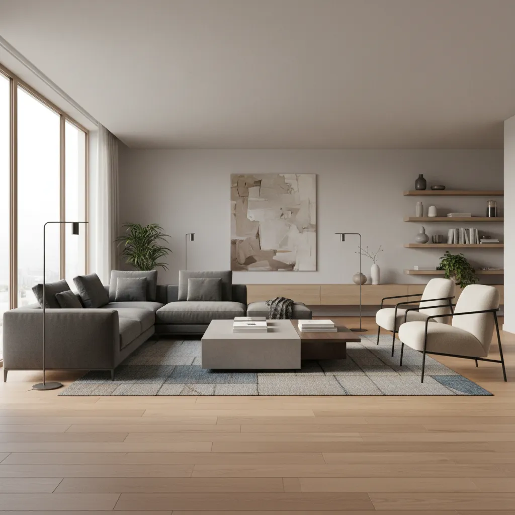 sofa and accent chair arrangement in a large rectangular living room