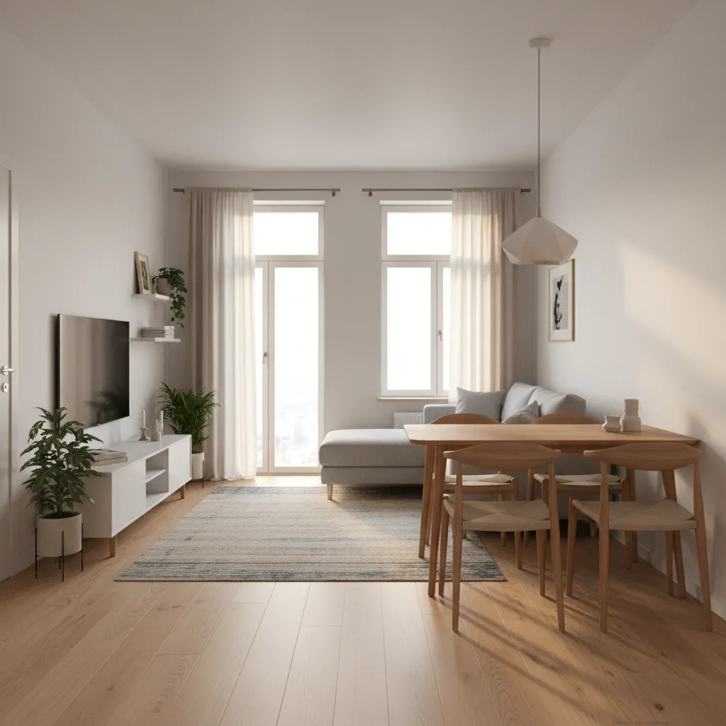 Modern living room with a white cabinet, television, green plants, wooden dining table, and sofa