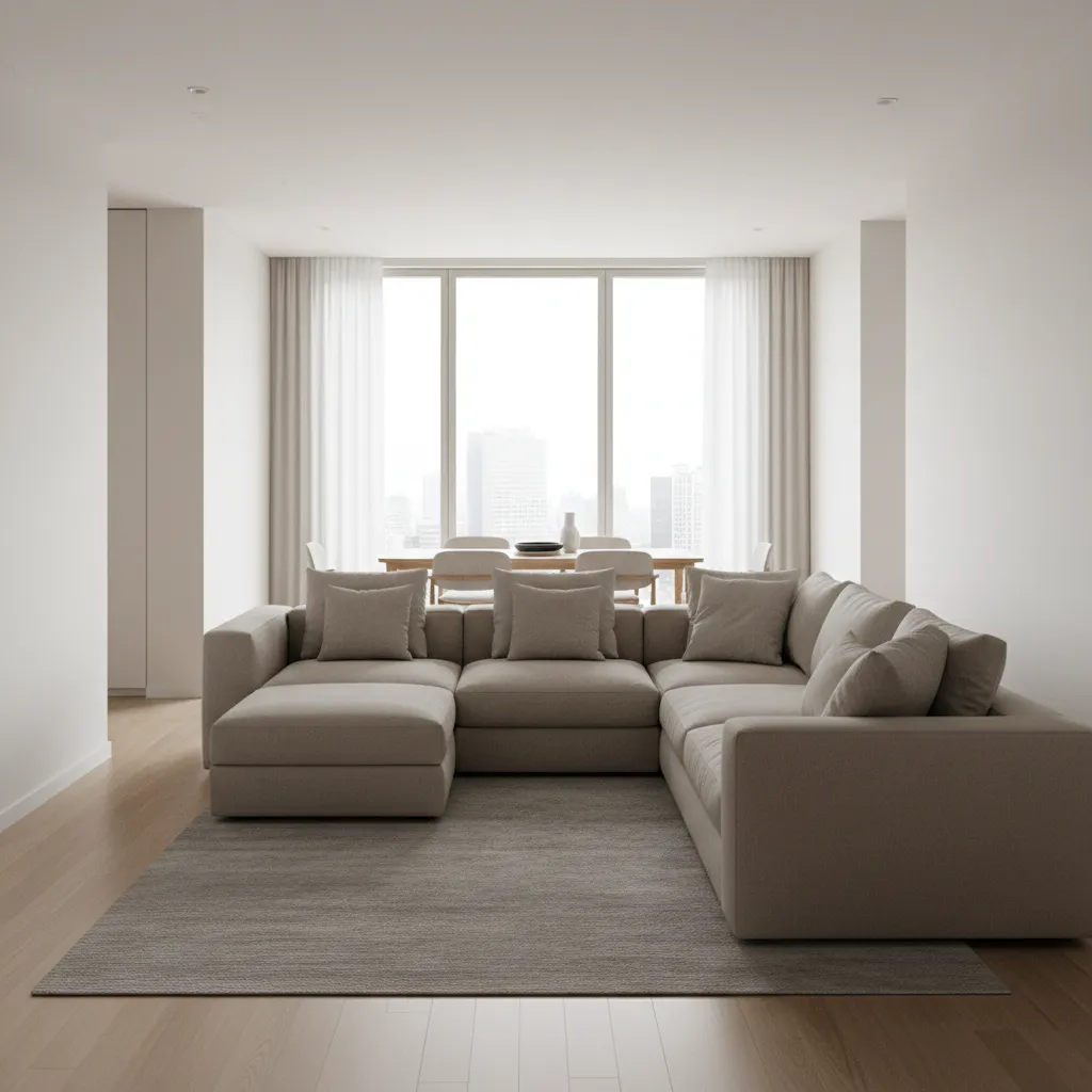 Living room sofa blocking walking path in narrow rectangular room