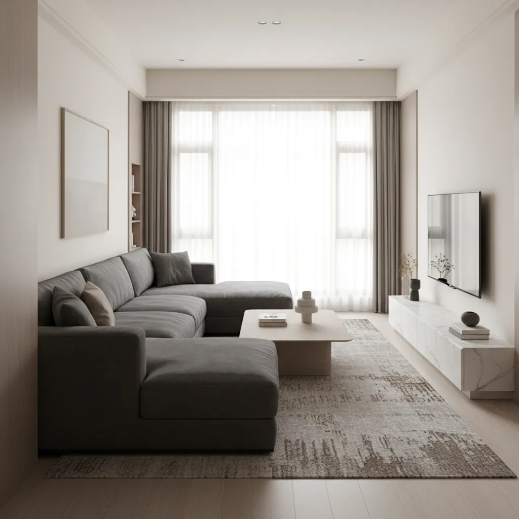 example of sofa blocking the walkway in a narrow living room layout