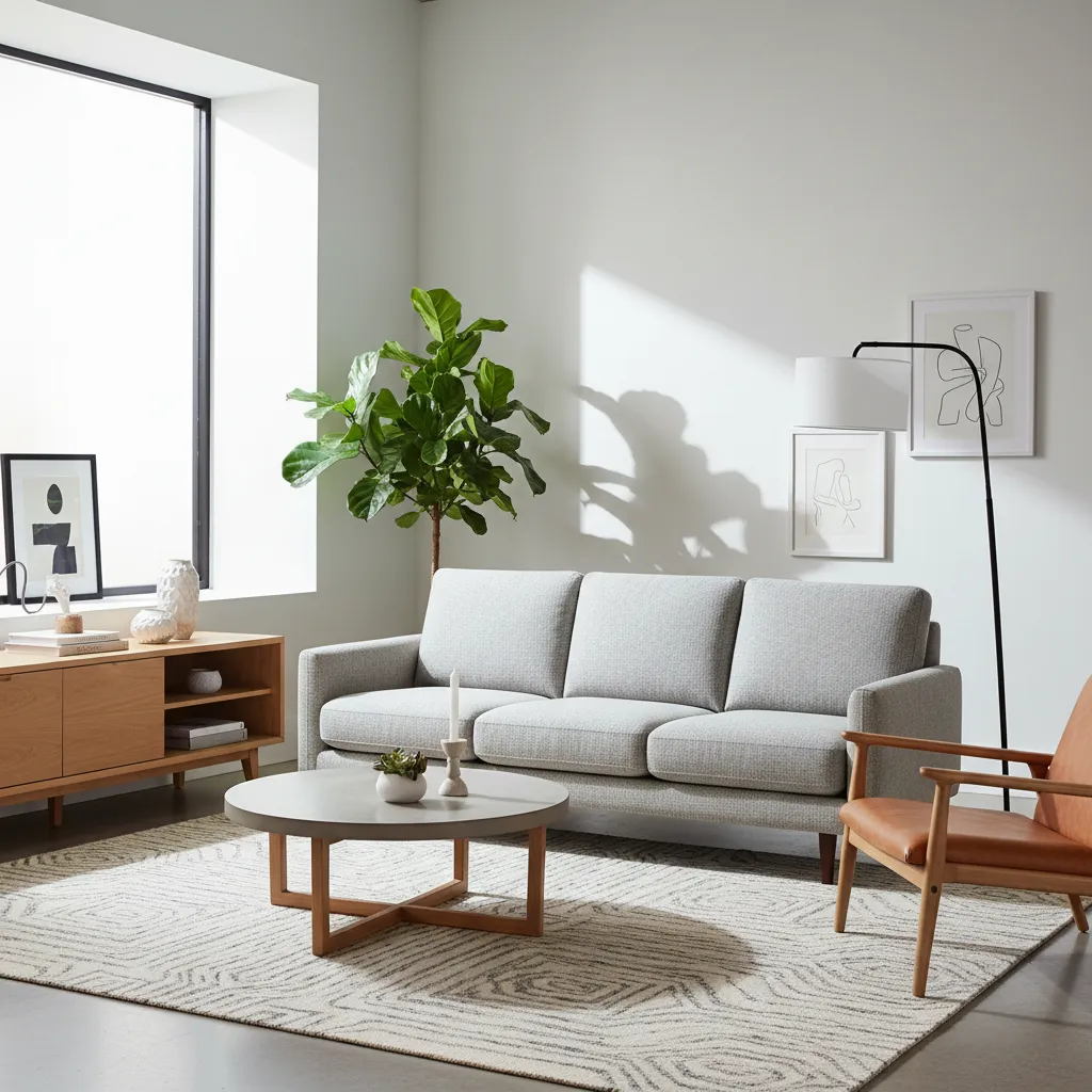 Sofá moderno con brazos delgados en salón pequeño