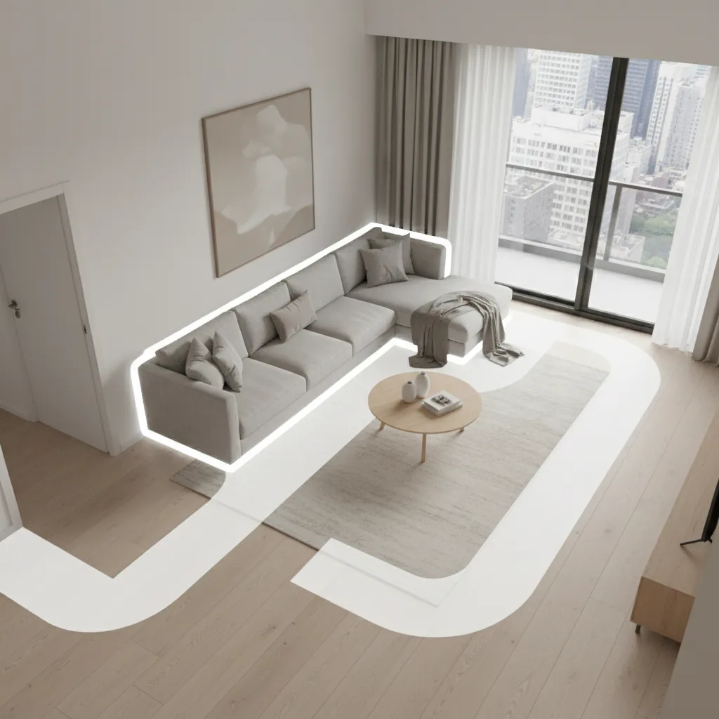 Living room diagram showing walkway clearance behind sofa and around coffee table