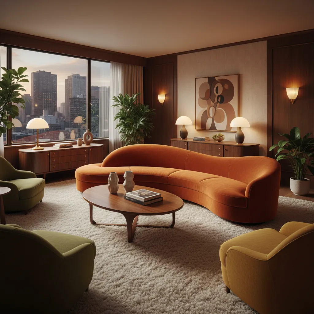 Sofá curvo de terciopelo inspirado en diseño de los años 70 en un salón moderno