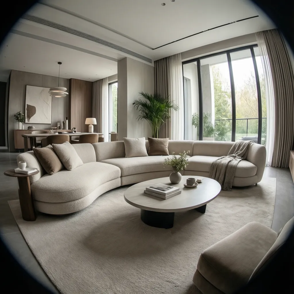 Salón moderno con sofá curvo y mesa de centro ovalada