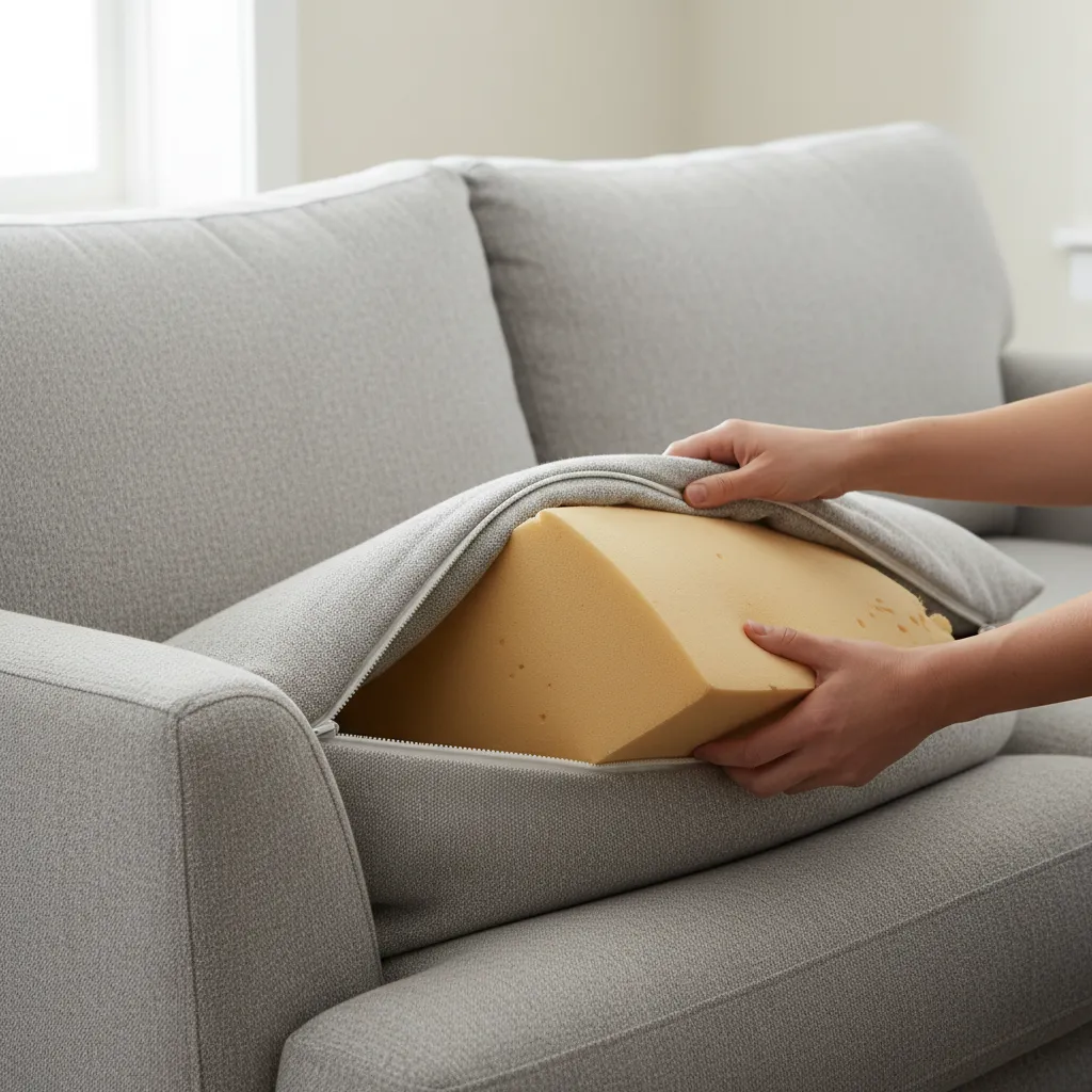Hands removing yellow foam from a grey sofa cushion through an open white metal zipper
