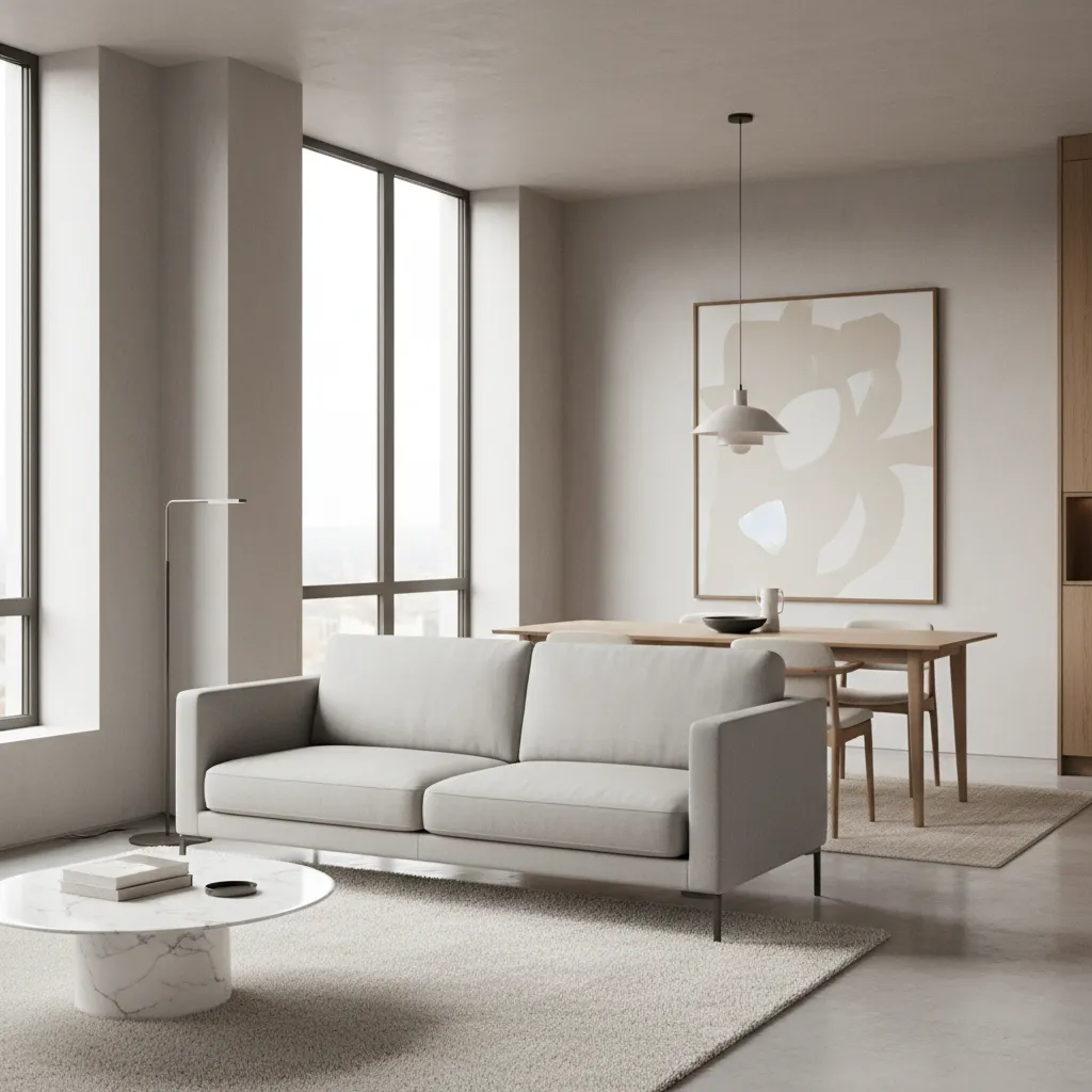 Apartment size sofa defining living zone in a combined living dining room