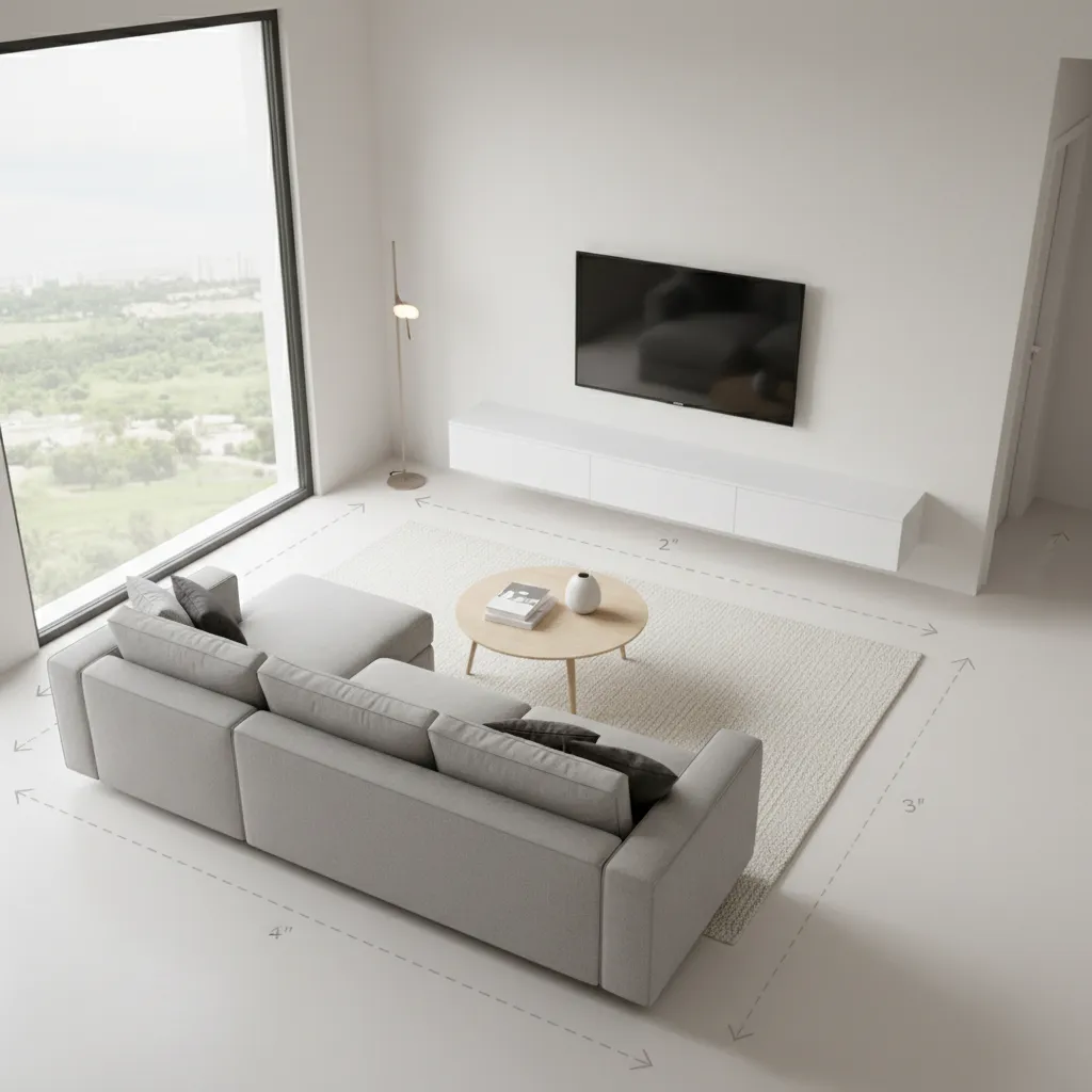 Diagram style living room showing sofa depth and walking clearance