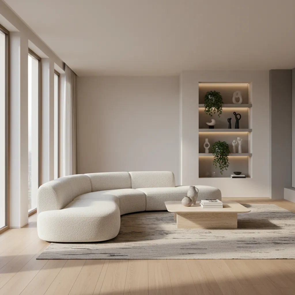 Cream curved sofa in minimalist living room with wooden coffee table and white wall shelves