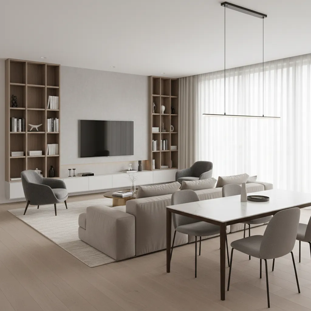 Sofa used as divider between living room and dining area