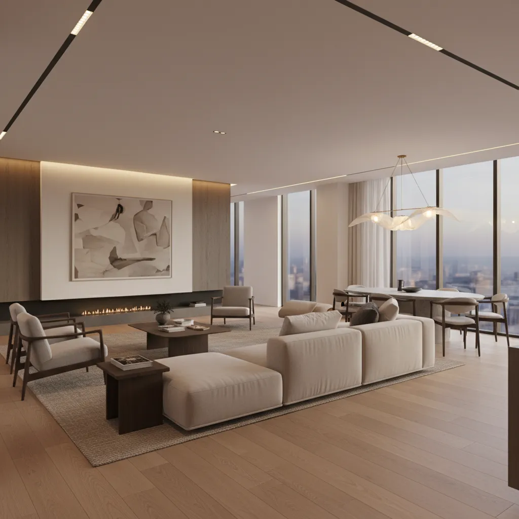 Sofa placed as room divider between living room and dining space