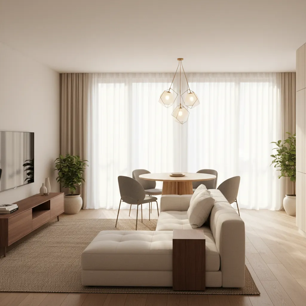 Sofa used as divider between living room and dining area in small apartment