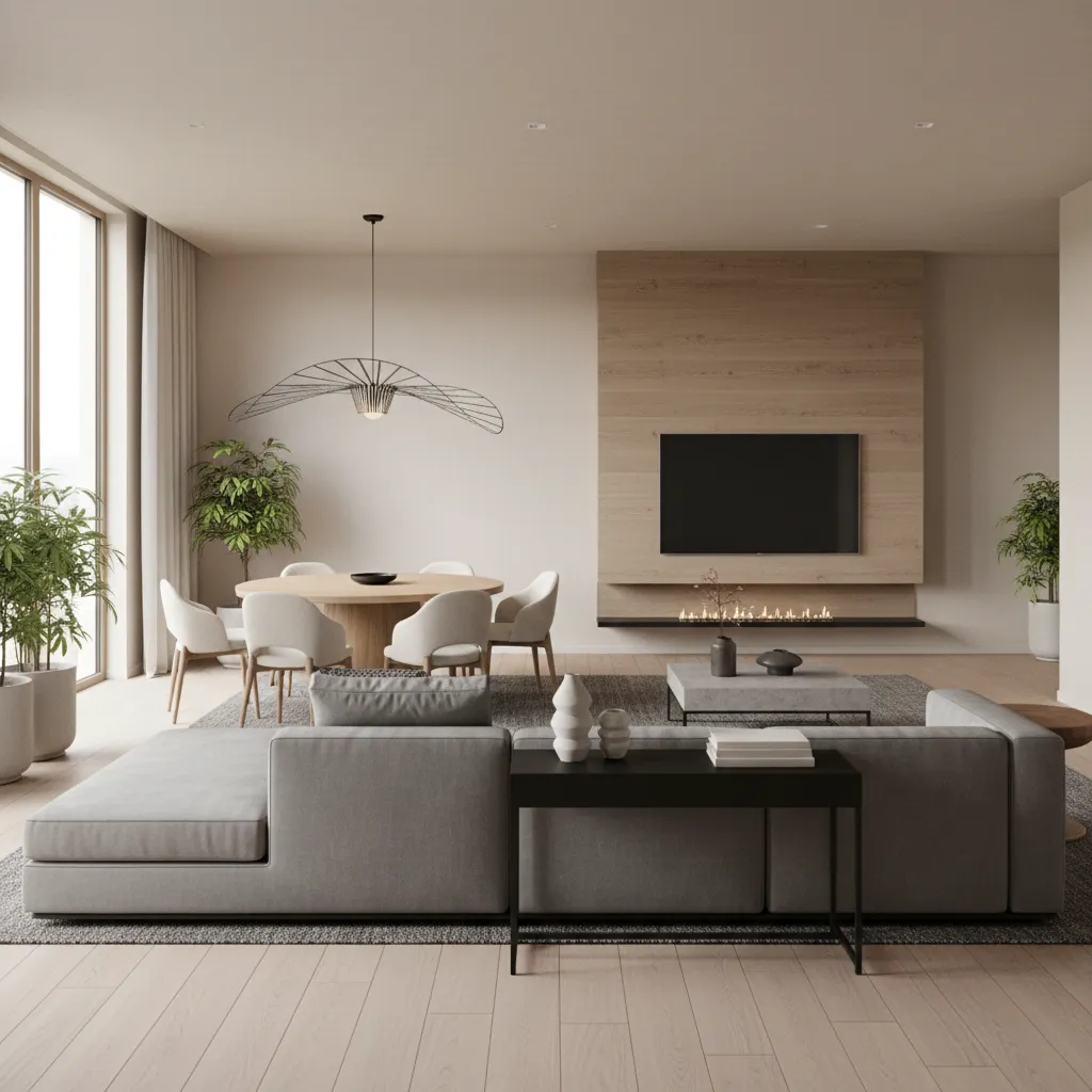 Sofa placement dividing living and dining areas in open floor plan