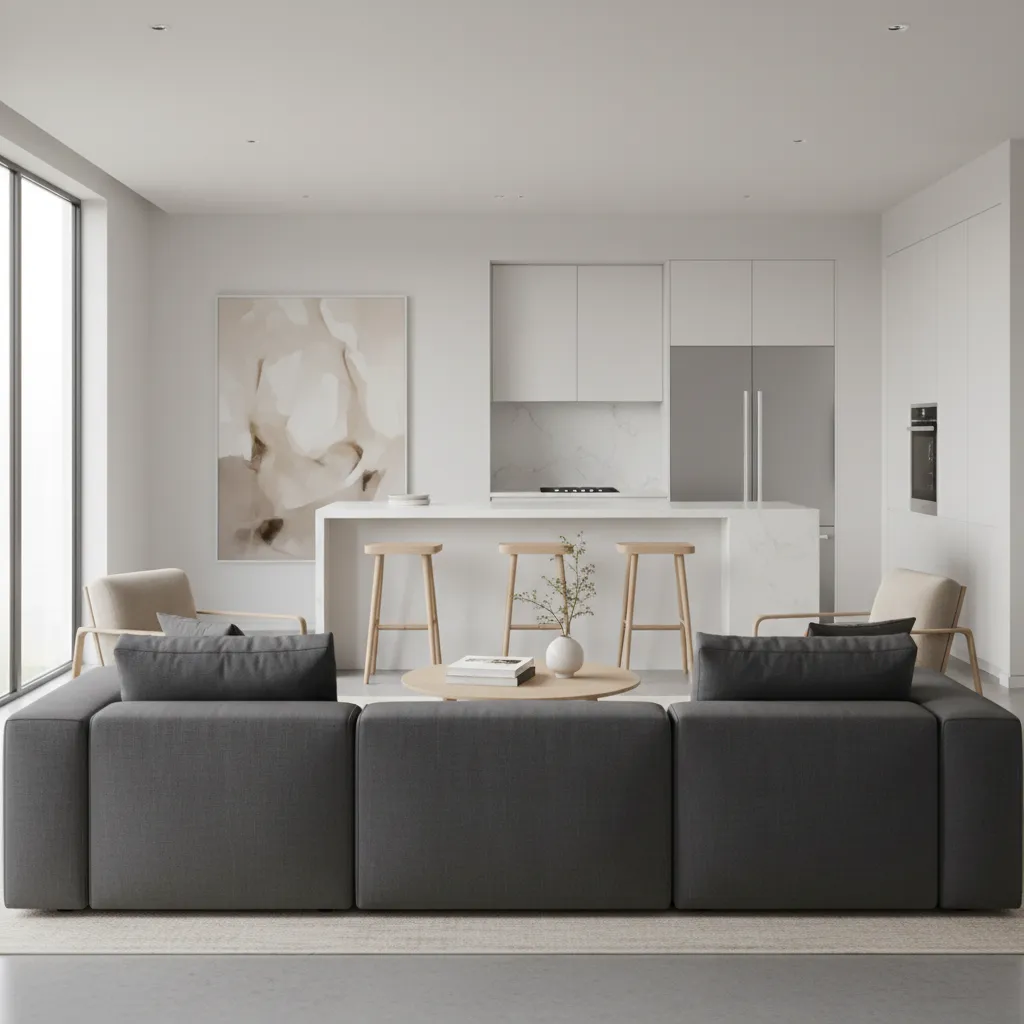 Minimalist white kitchen and living room with grey sofa wooden stools marble island and painting