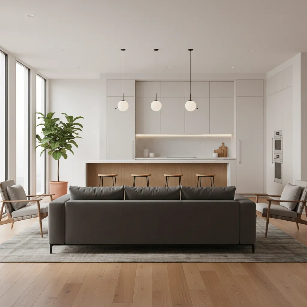 Sofa positioned to divide open kitchen and living room