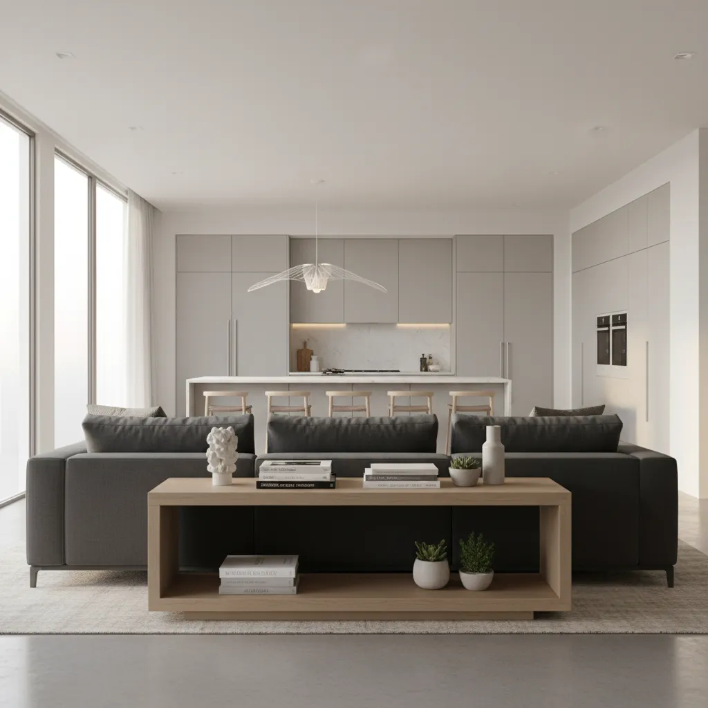 Sofa placed between kitchen and living room creating visual divider