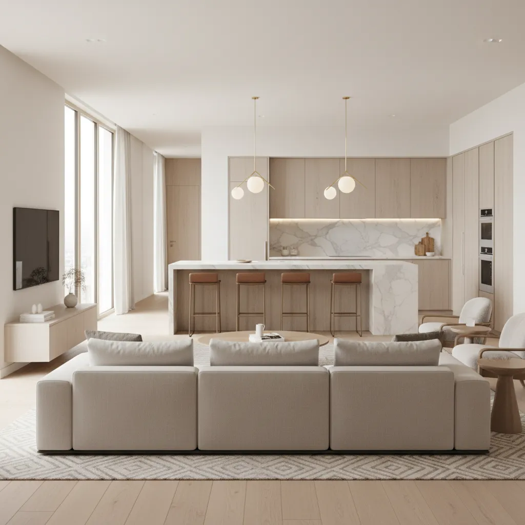 Sofa placed with back facing kitchen creating separation in open floor plan