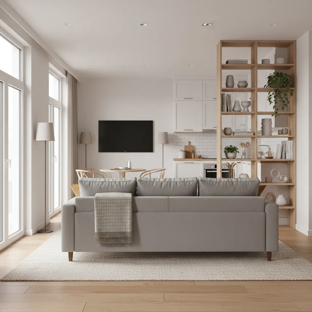 Small apartment using sofa placement to divide kitchen and living room