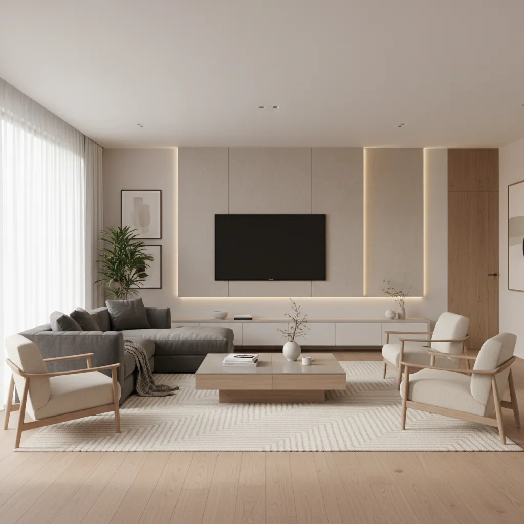 sofa correctly positioned facing television in rectangular living room