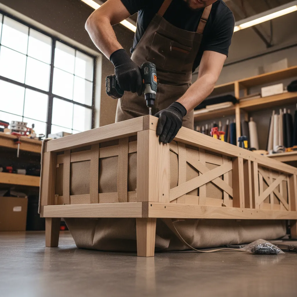 Woodworker using electric drill to fix a wooden sofa frame inside a bright professional workshop