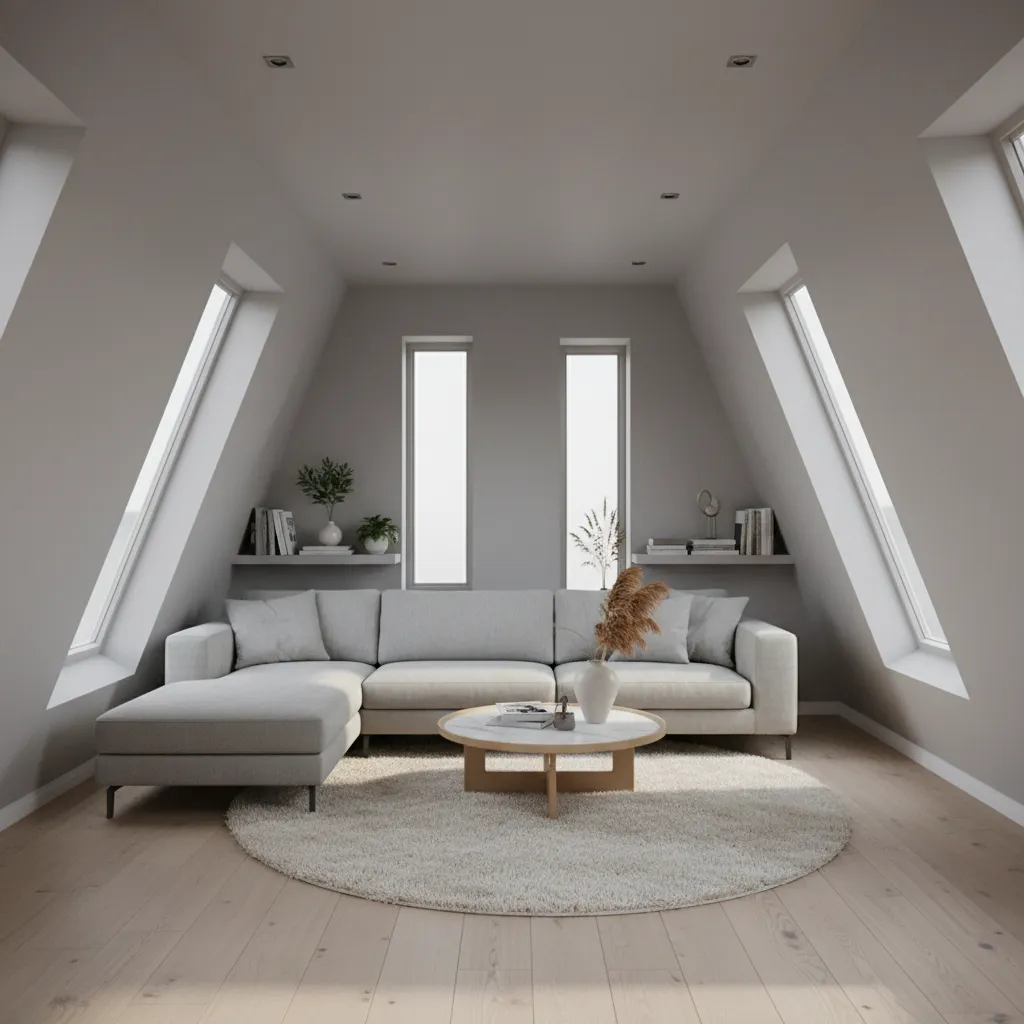 Sofa positioned away from angled walls in an irregular living room layout