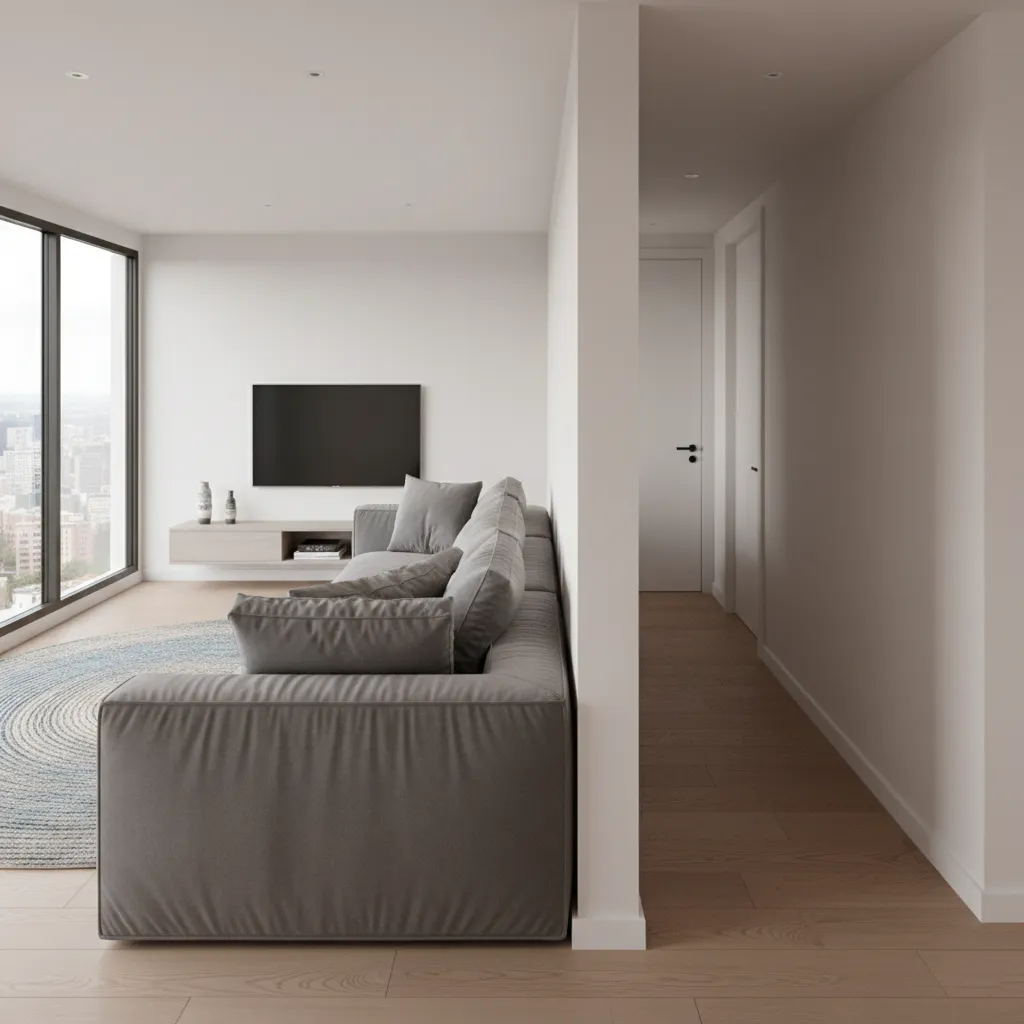 Render de salón donde un sofá demasiado grande reduce la circulación