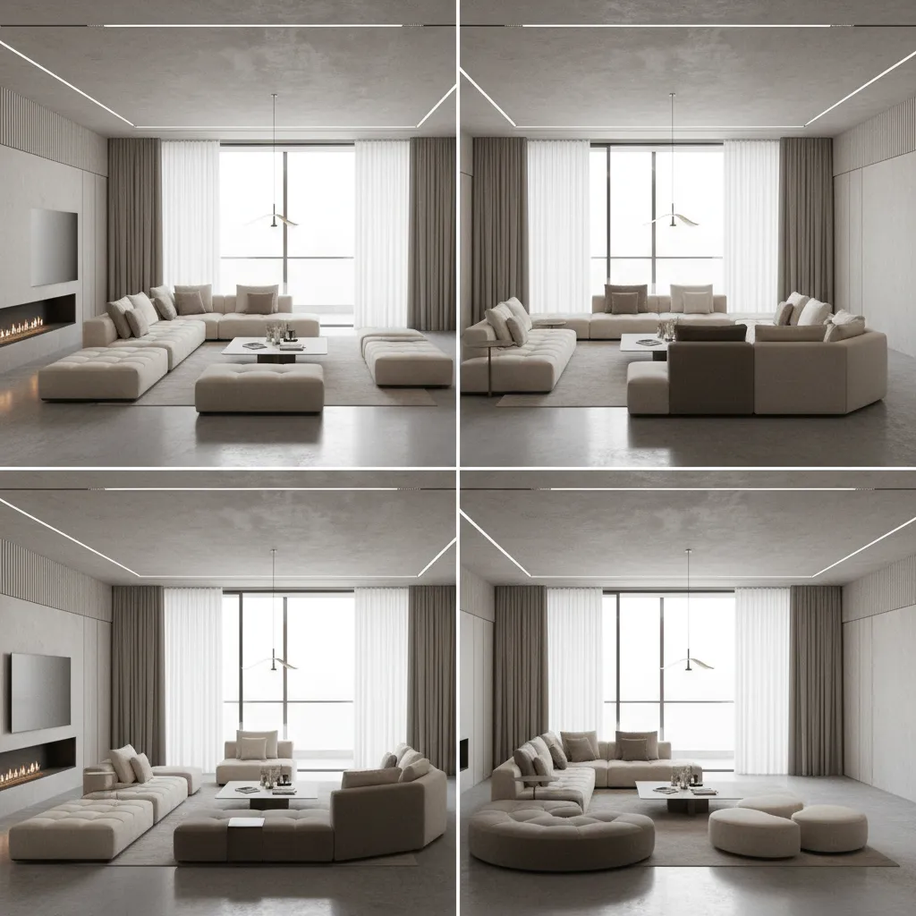 Varias distribuciones de sofá en un salón diseñadas en 3D