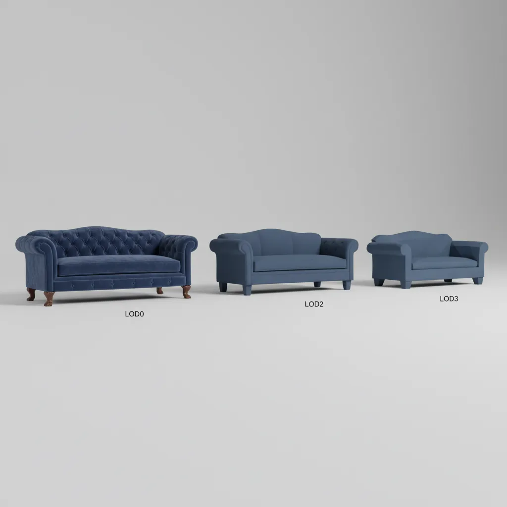 Multiple LOD levels of a sofa model displayed from high to low detail