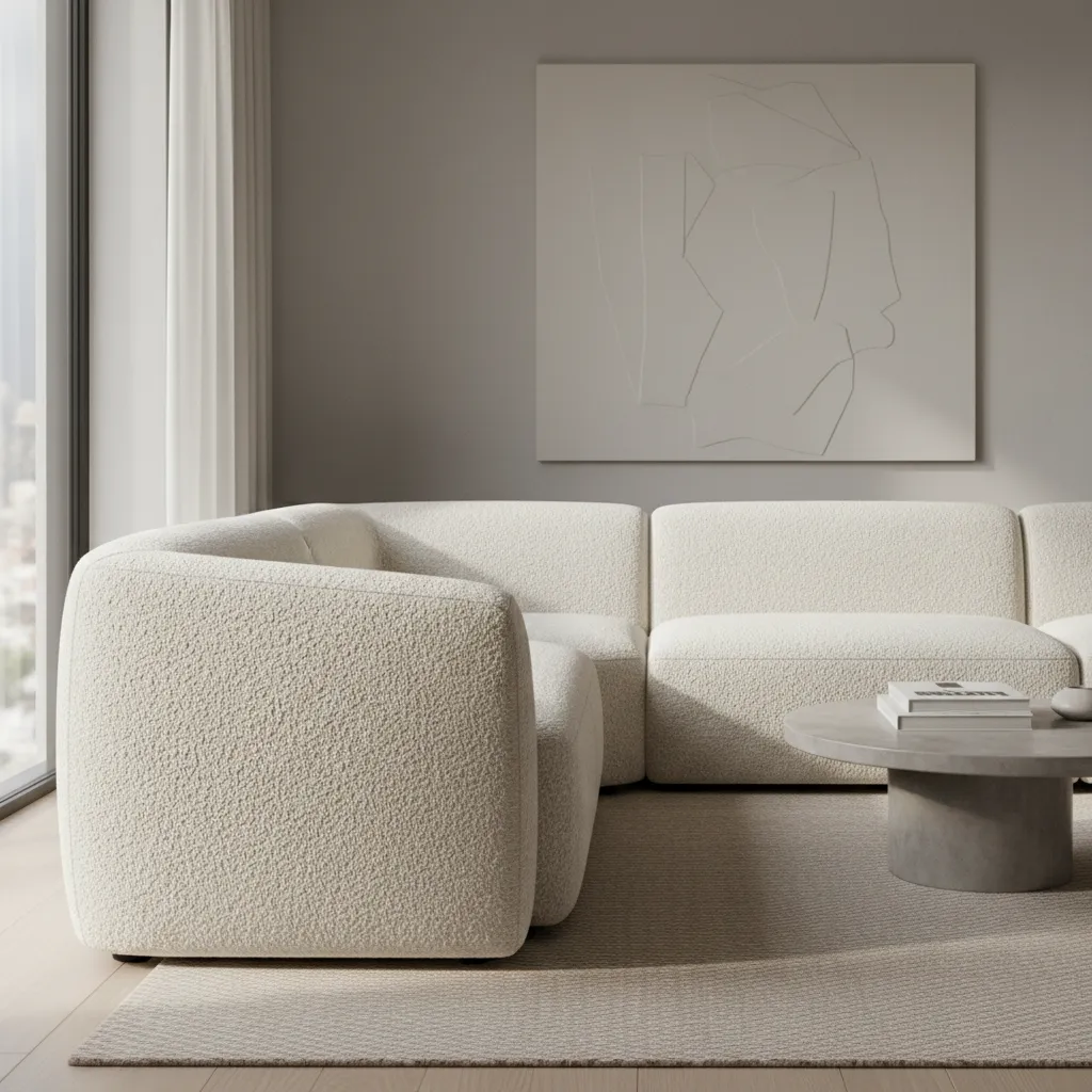 Sofá de lujo con tapicería bouclé en salón moderno