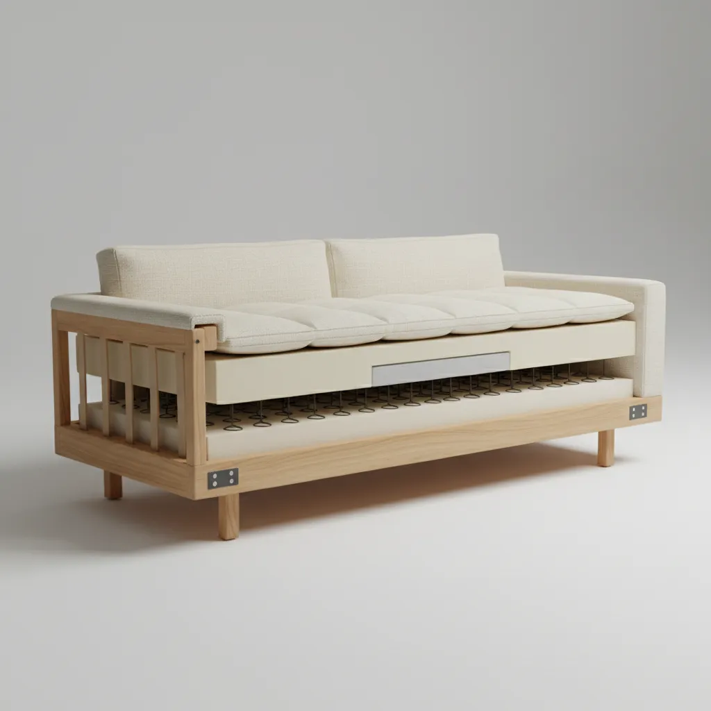 Close look at sofa construction materials including wood frame and cushions