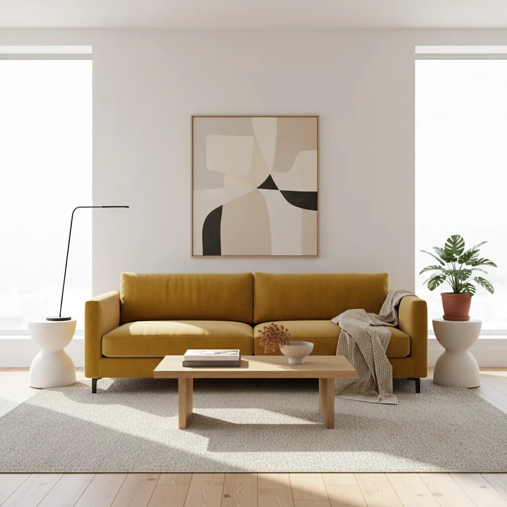 Salón luminoso con sofá mostaza y decoración minimalista