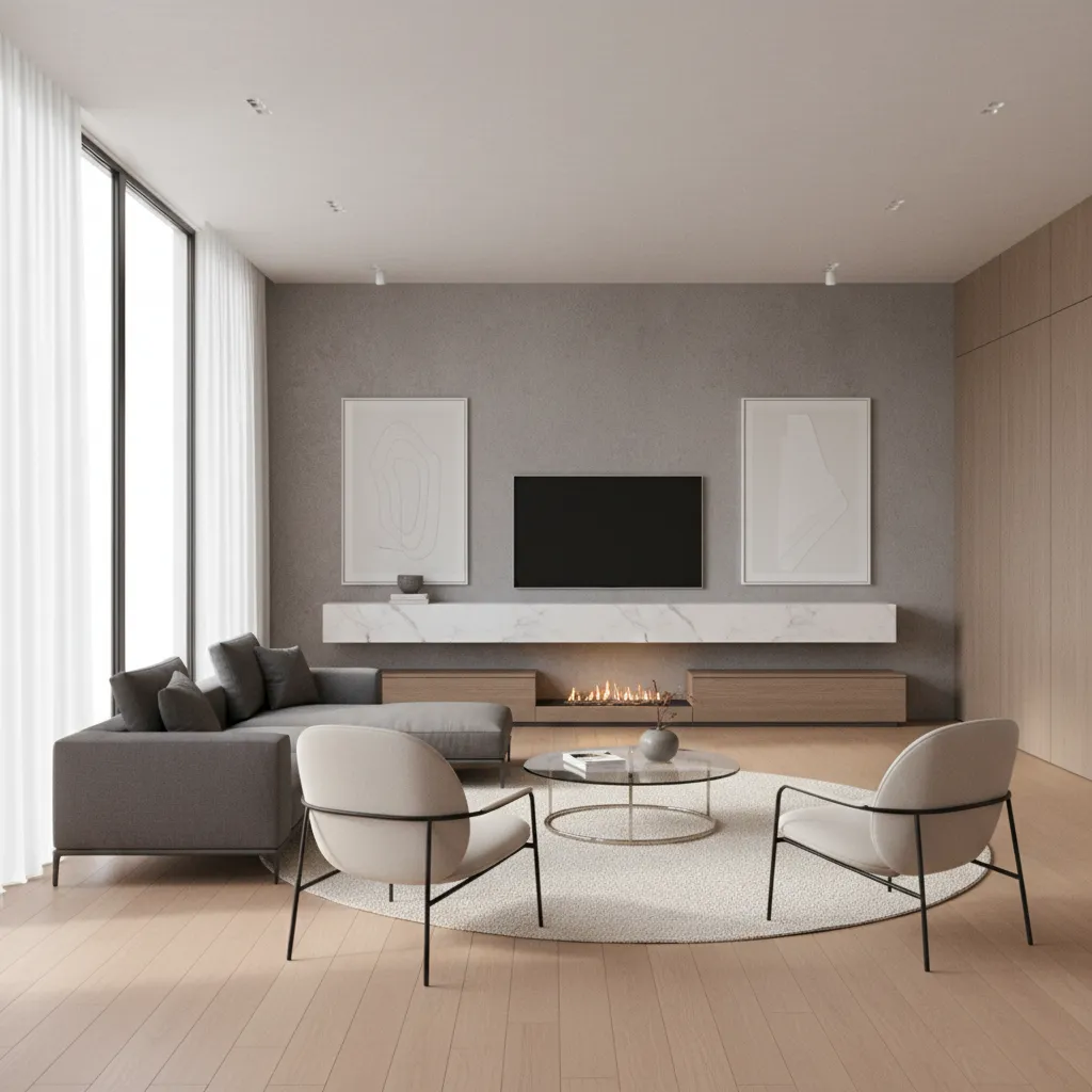 Living room with couch against wall facing fireplace and television above mantel