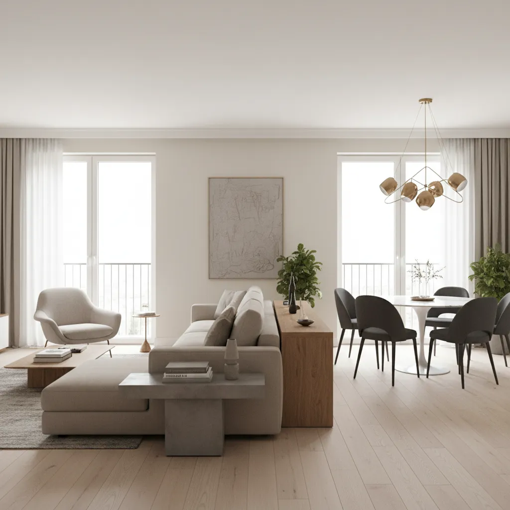 Living room layout using sofa and console table as divider