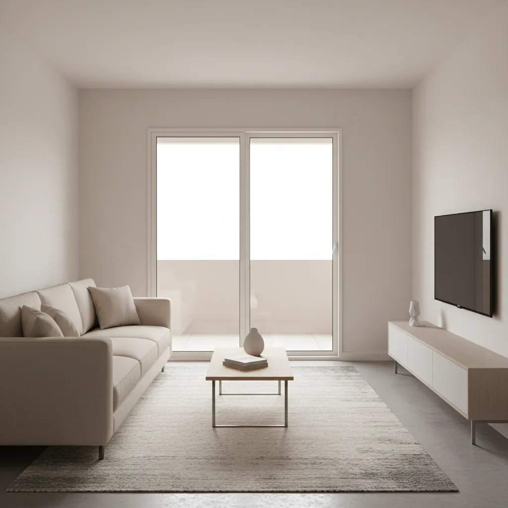 Sofa placed perpendicular to sliding glass door in a small living room layout