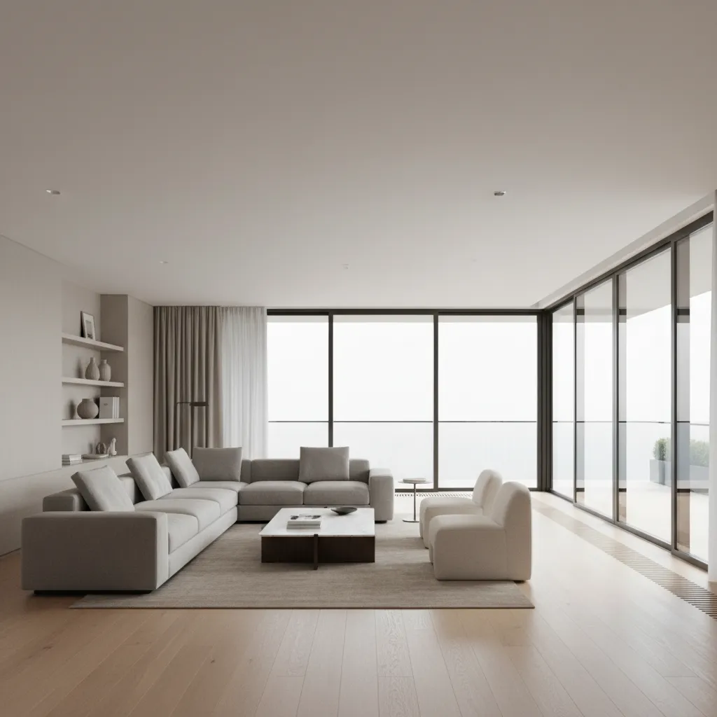 Living room with sofa placed perpendicular to sliding glass doors for better walkway