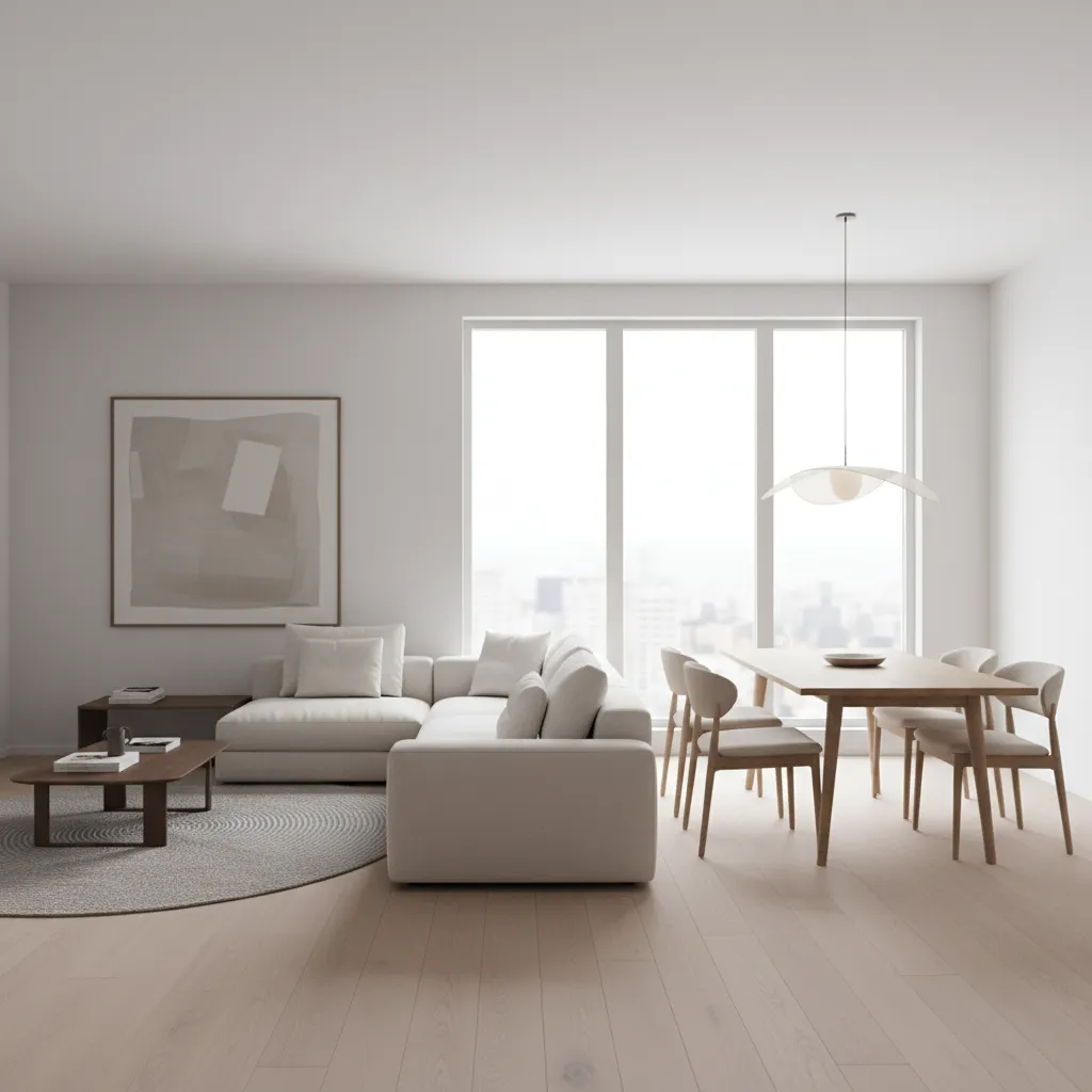 Modern sofa placed to divide living room and dining area in small apartment