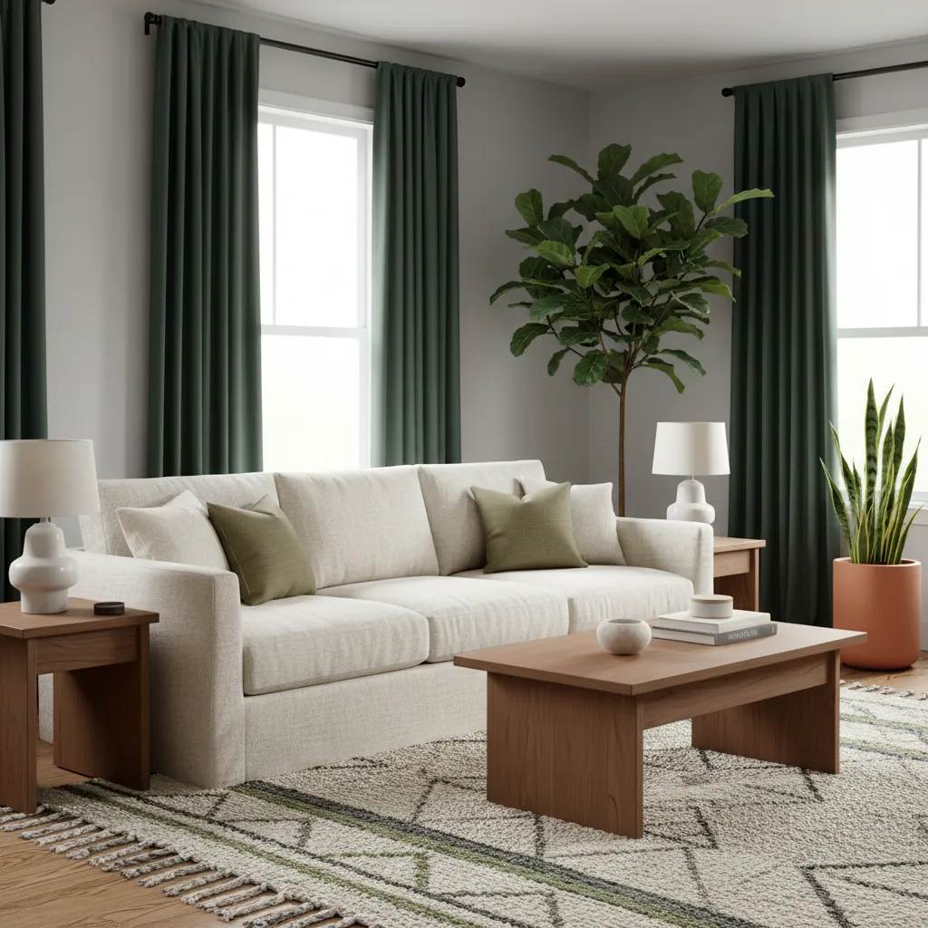 Neutral sofa and textured rug paired with dark green curtains in modern living room