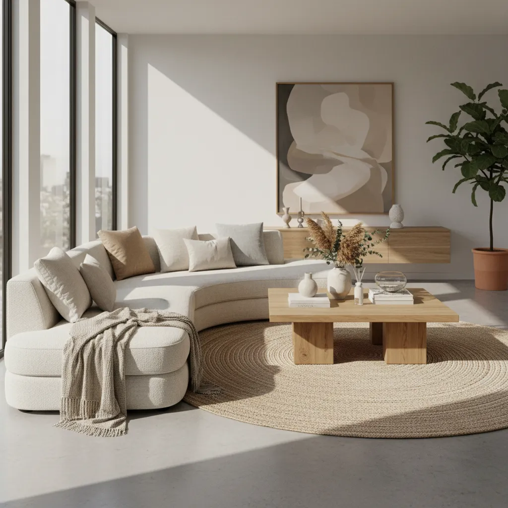 Sofá moderno en salón luminoso con cojines y mesa de centro