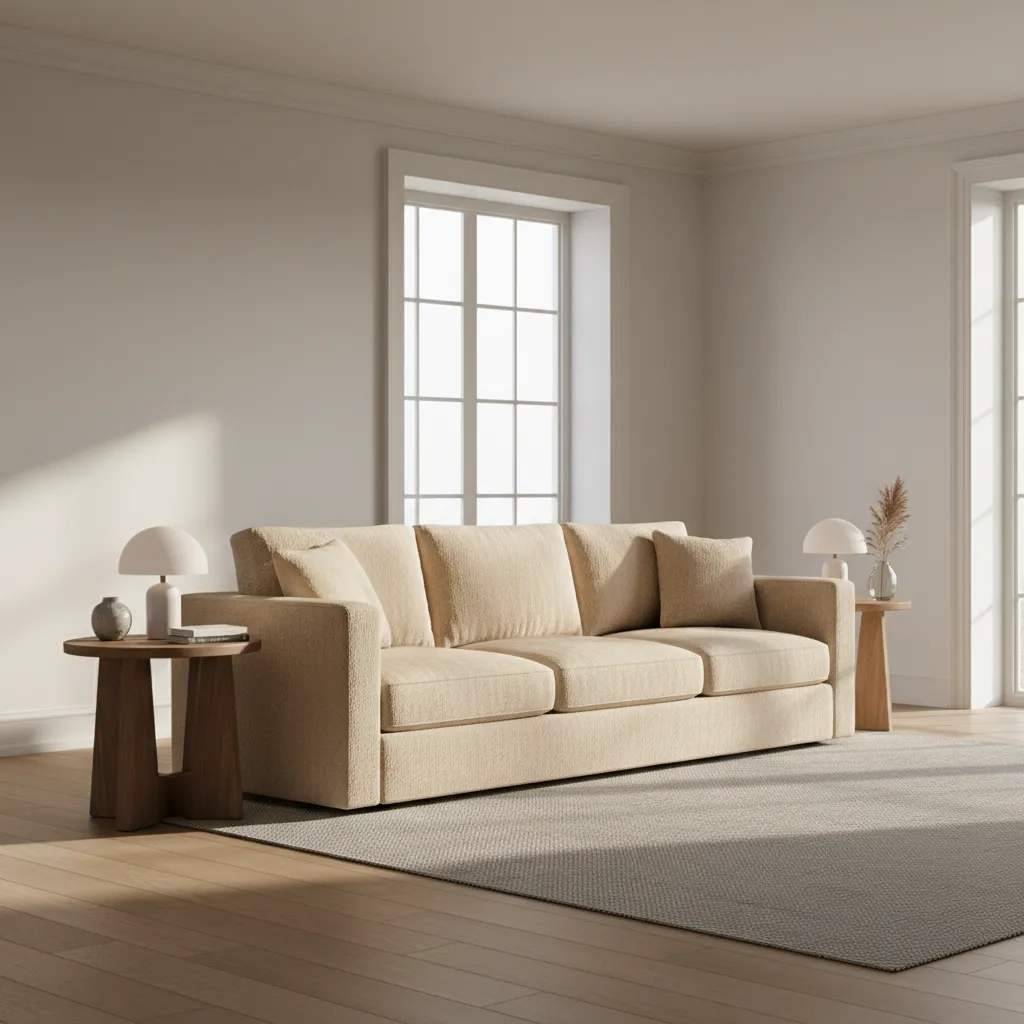 Three seater sofa correctly scaled in medium living room with side tables