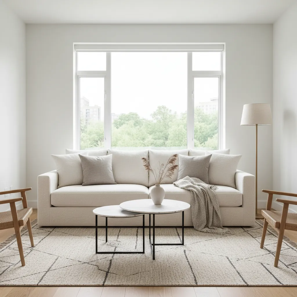 Sofá moderno tapizado con tela chenilla en salón contemporáneo