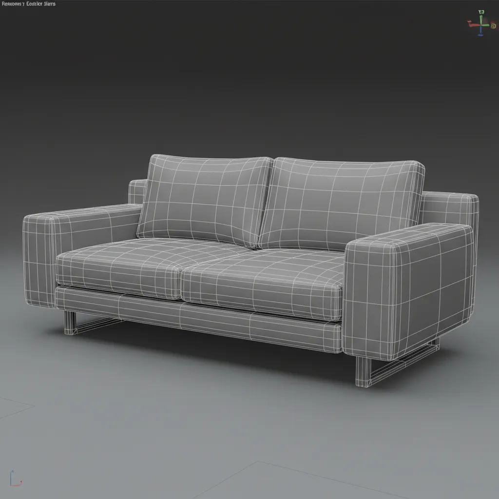 Wireframe topology showing reduced polygons on sofa cushions