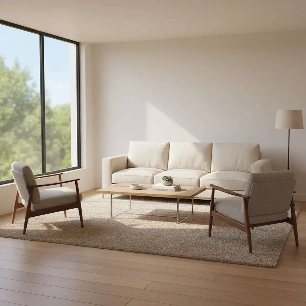 sofa with two accent chairs layout in a small rectangular living room