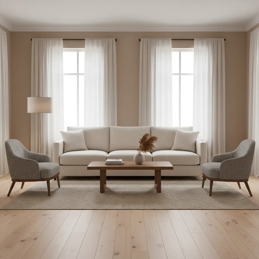 sofa and two accent chairs layout creating conversation area in rectangular living room