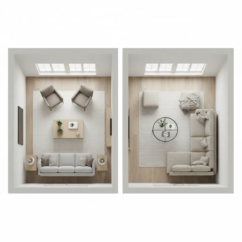 Comparison of standard sofa layout versus sectional layout in rectangular living room