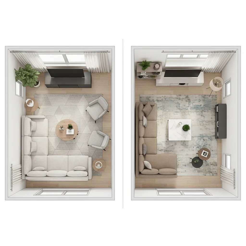 visual comparison of sofa layout versus sectional layout in medium living room