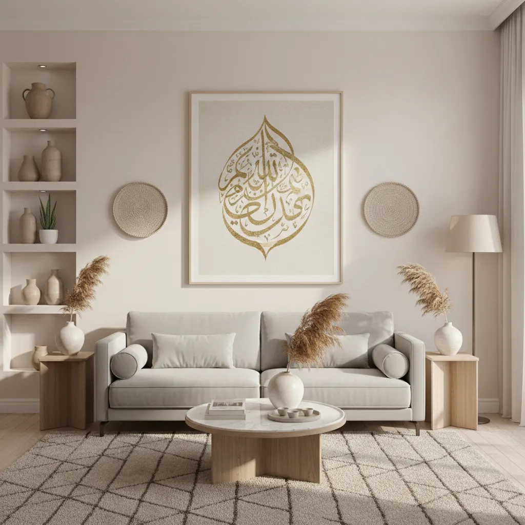 Balanced placement of Islamic calligraphy above a sofa in a living room