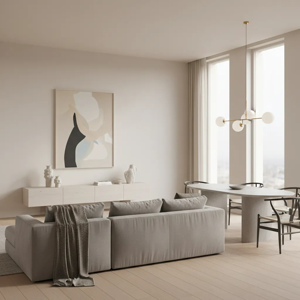 Sofa placement dividing living room from dining space in open floor plan